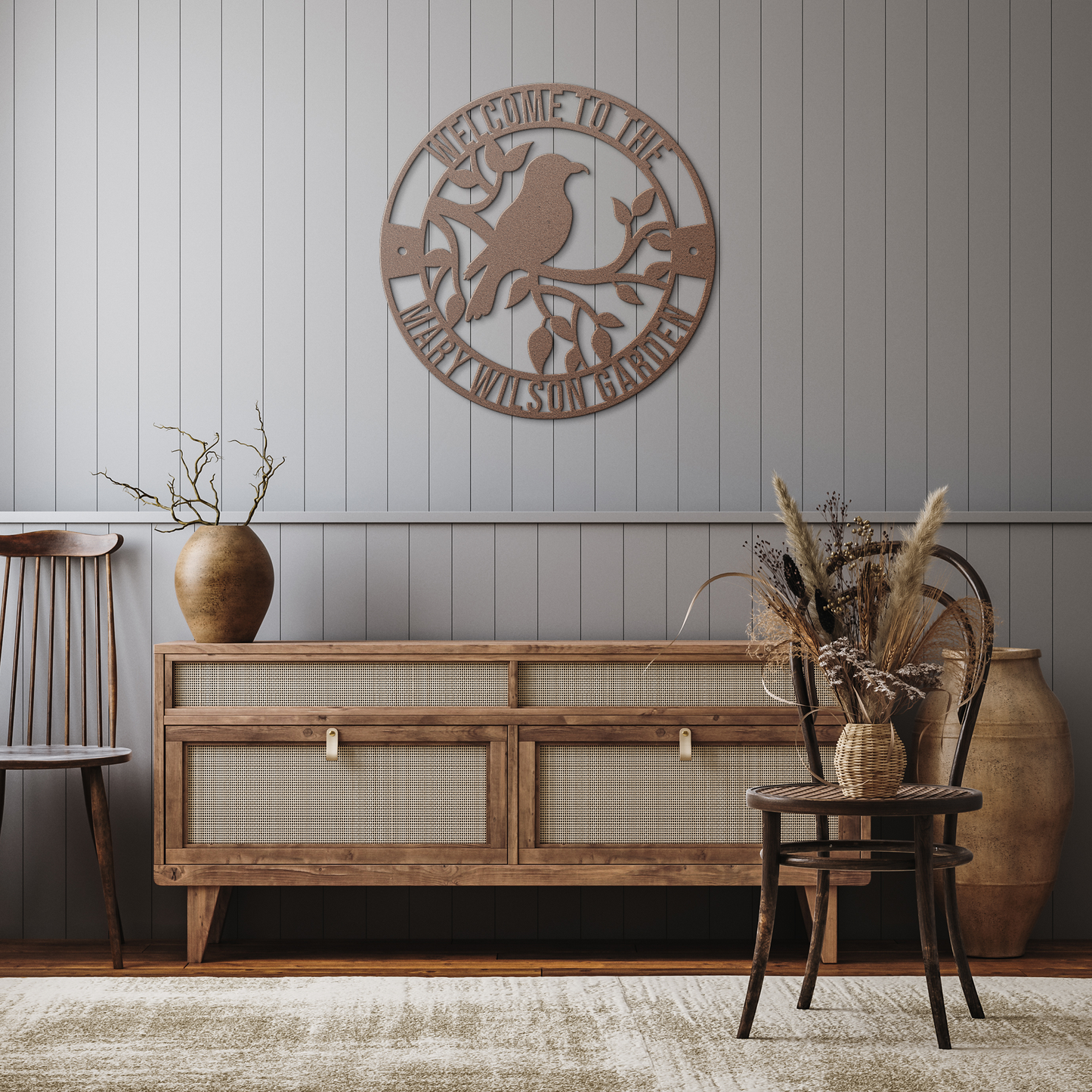 Circular_Bird_Sign_Copper_Rustic_Hallway_Mockup.png